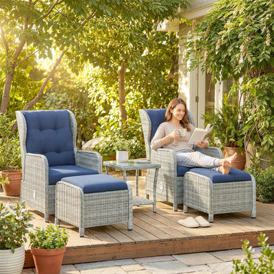 Deluxe Rattan Garden Bistro Set for 2 with Reclining Chairs Footstools and Table, Grey