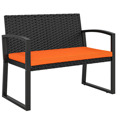 Rattan Garden Bench for Two with Padded Cushion and Steel Frame Black Outsunny