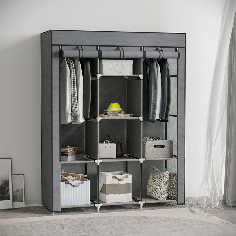Dark Grey Fabric Portable Wardrobe with 8 Shelves and 2 Hanging Rods by HOMCOM