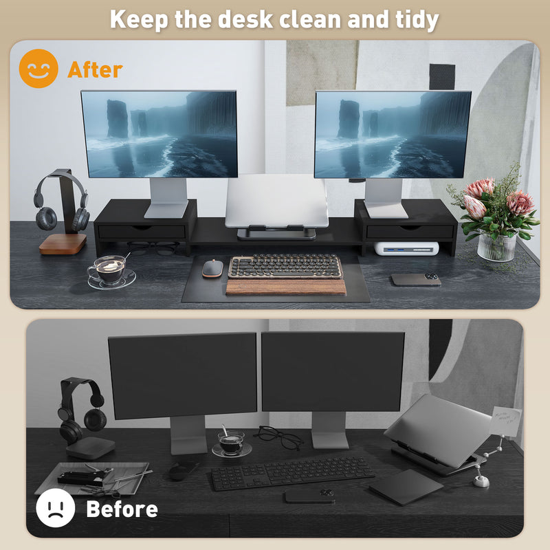 Dual Monitor Stand Riser with 2 Drawers Adjustable Length for PC Laptop and Printer Black by HOMCOM