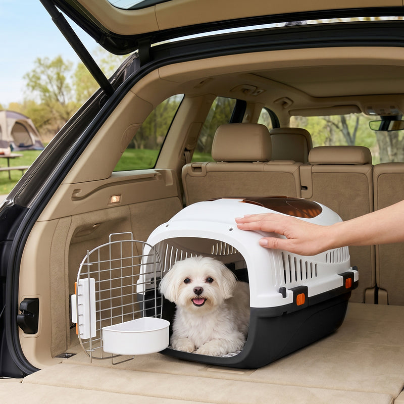 Hard-Sided Pet Carrier for Safe Vet Visits and Travel with Triple Lock and Top Window Cream