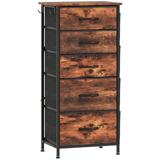 Tall Fabric Chest of 5 Drawers with Wood Top for Bedroom or Closet Storage Rustic Brown
