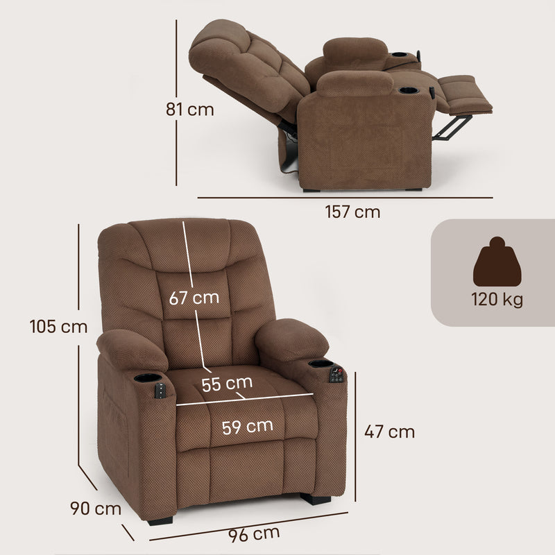 Electric Recliner Armchair With Heat Vibration USB and Cup Holders For Home Use Brown AOSOM