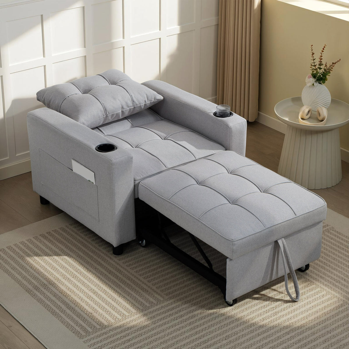 Grey 3 in 1 Convertible Single Sofa Sleeper Chair Bed for Small Spaces ...