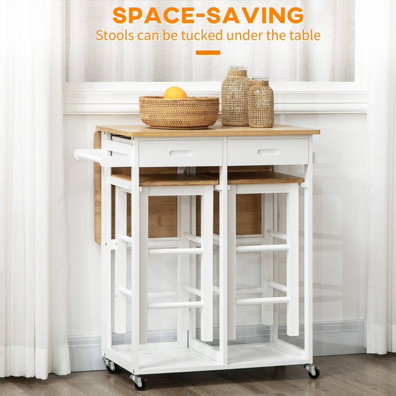 Kitchen Island Trolley with Storage Drawers and Drop Leaf Top with 2 Stools White