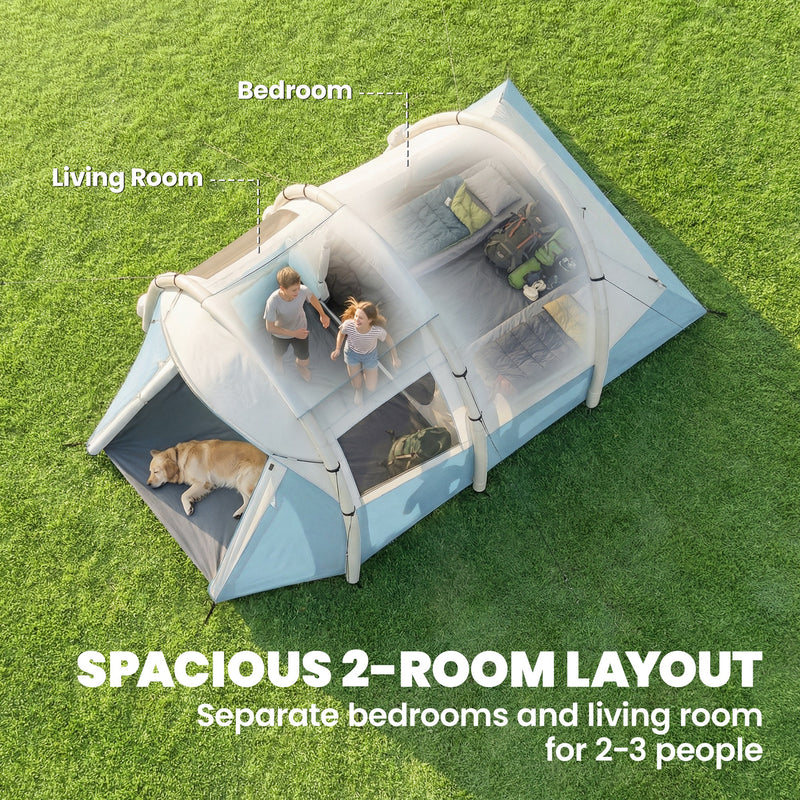 Inflatable Camping Tent for 2 to 3 People with Fast 5 Minute Setup and Two Rooms Light Blue
