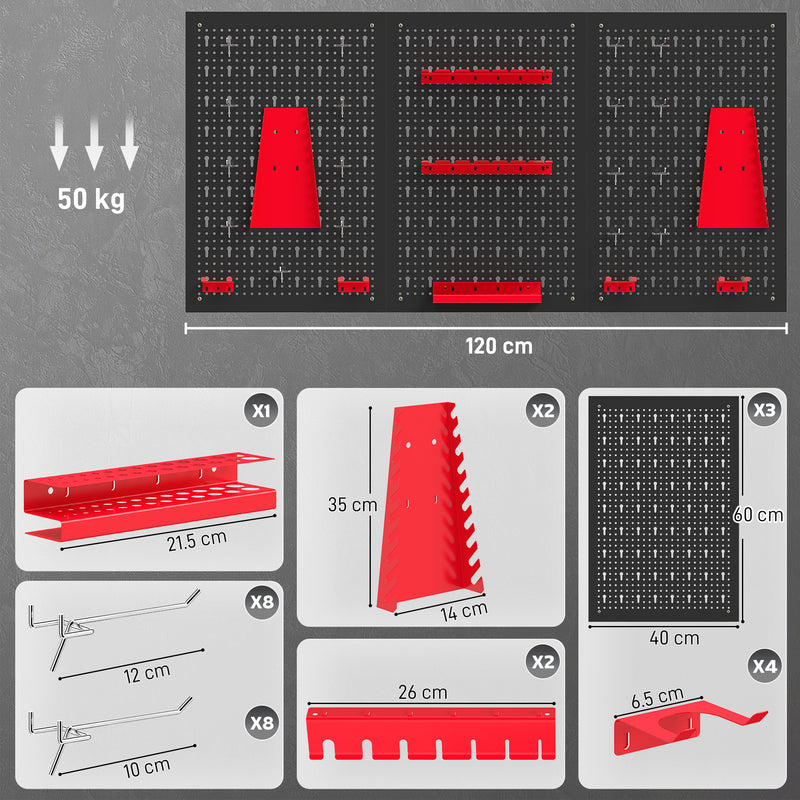 Steel Wall-Mounted Pegboard Tool Organiser Set for Garage or Shed Storage Black Red Homcom