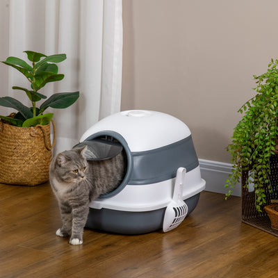 Foldable Covered Cat Litter Tray with Scoop and Odour Control for Easy Cleaning, White