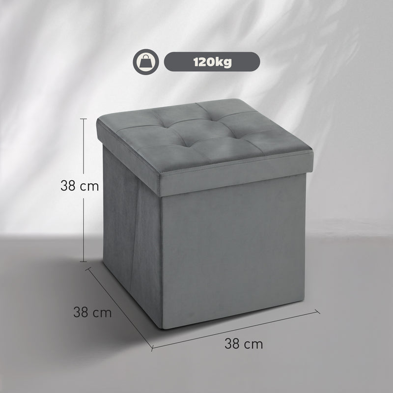 Foldable Velvet Feel Storage Ottoman With Padded Seat And Hidden Compartment Grey