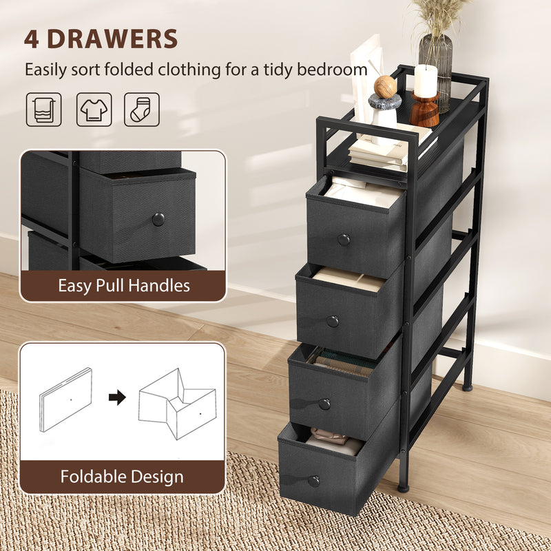 Slim 4 Drawer Fabric Storage Cabinet with Steel Frame for Small Bedrooms Black AOSOM