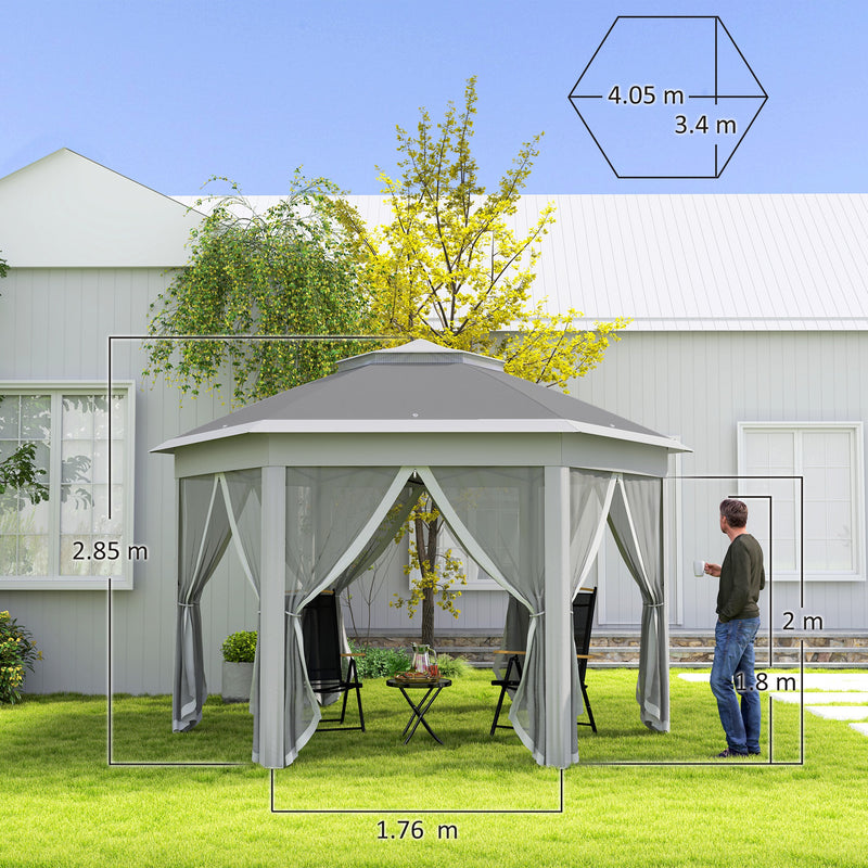 Dark Grey 3 x 4m Hexagon Pop Up Gazebo with Double Roof and Netting by Outsunny