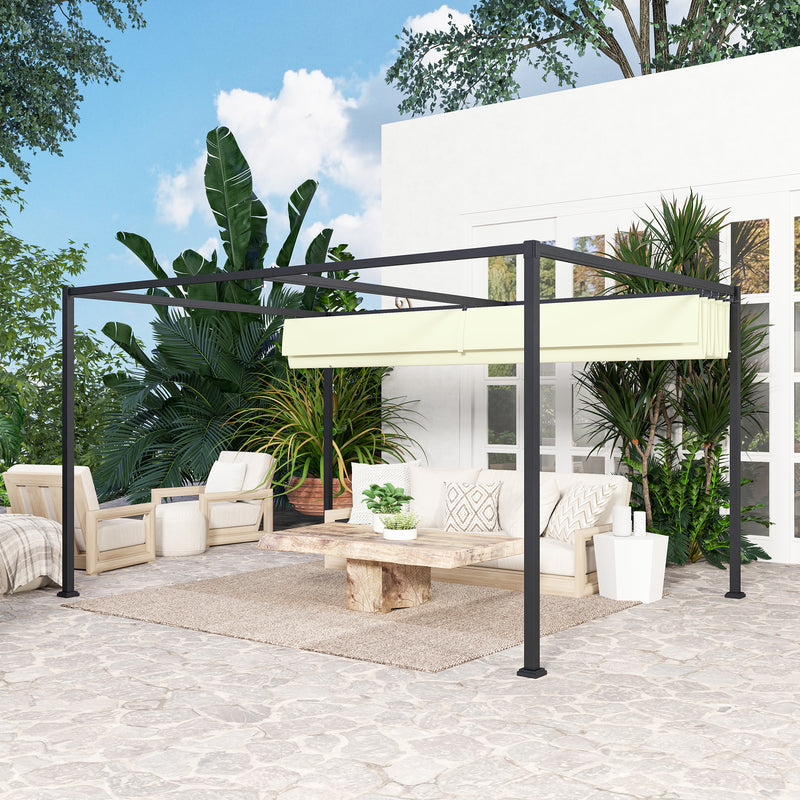 4 x 3m Metal Pergola With Retractable Roof Shade Ideal For Patio Or Garden Use Cream White AOSOM