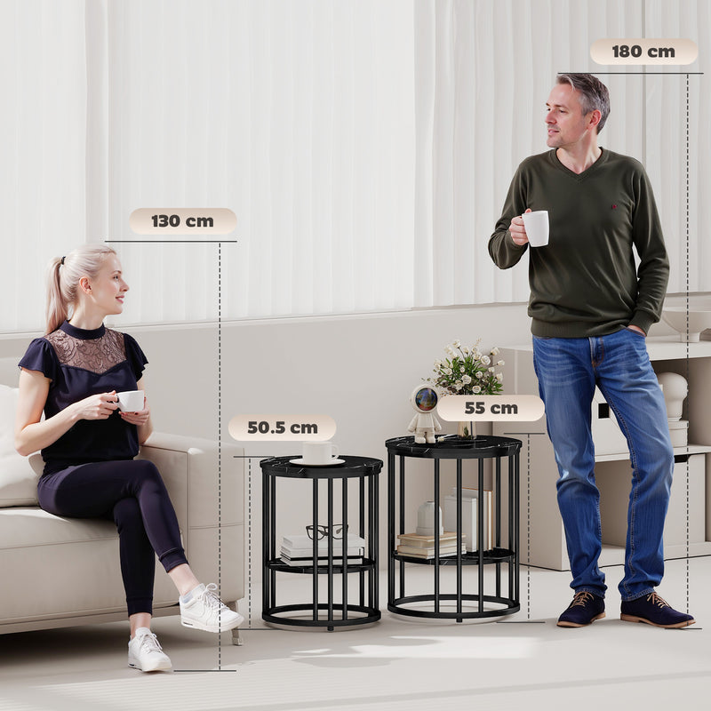 Round Coffee Tables for Living Room Set of 2 - Black Marble Effect Tops