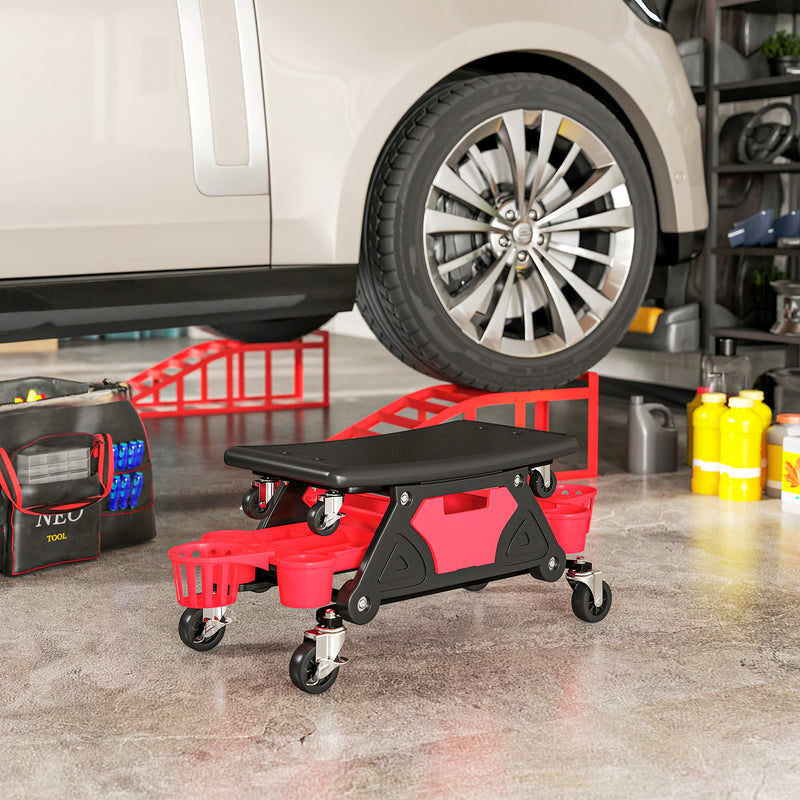 Mechanic Roller Seat with Tool Storage and Swivel Wheels for Garage or Workshop Red AOSOM