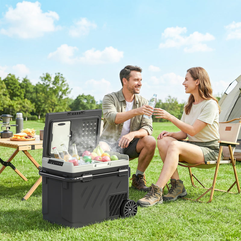 Camping Fridge Freezer with Dual-Zone Cooling and Wheels for Fresh Food Outdoors Black AOSOM