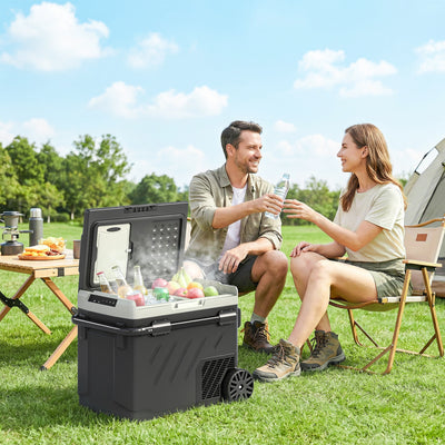 Camping Fridge Freezer with Dual-Zone Cooling and Wheels for Fresh Food Outdoors Black AOSOM