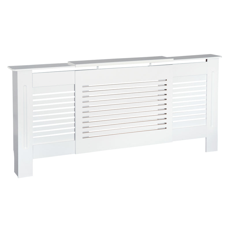 White Extendable Radiator Cover With Slatted Design And Storage Shelf For Home Office