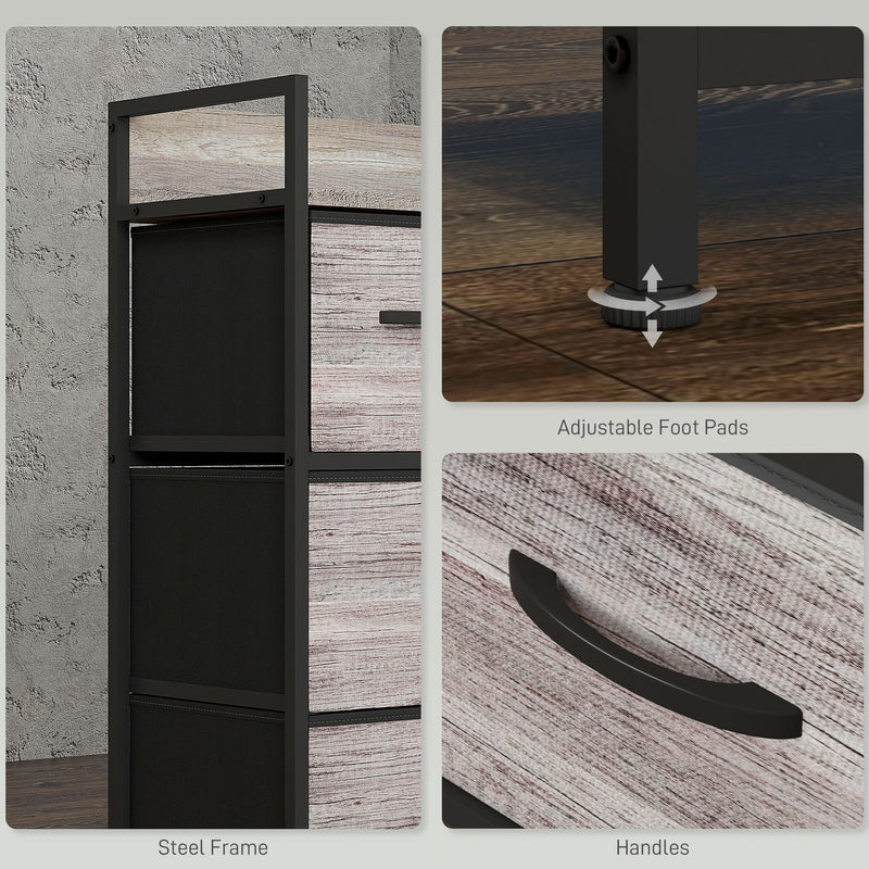 Rustic Chest with 4 Fabric Drawers for Bedroom or Hallway Storage Grey Wood Effect