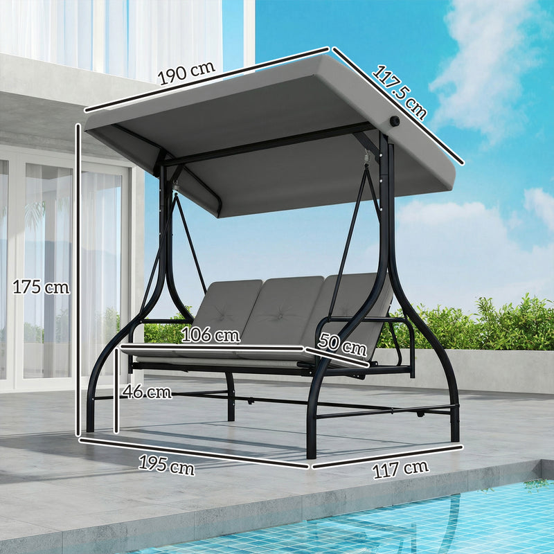3 Seater Garden Swing Seat with Adjustable Canopy and Fold Flat Bed for Outdoor Relaxing Light Grey Outsunny