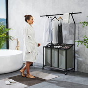 Dark Grey Rolling Laundry Sorter With Hanging Rail and 3-Bag Organiser by HOMCOM