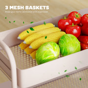 3 Tier Rolling Storage Trolley With Mesh Baskets For Kitchen Or Bathroom Use Light Pink