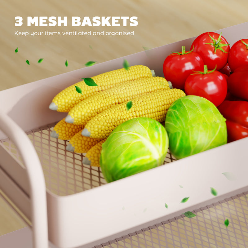 3 Tier Rolling Storage Trolley With Mesh Baskets For Kitchen Or Bathroom Use Light Pink