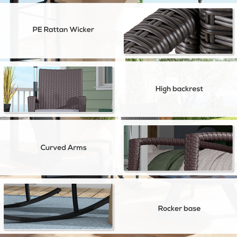 Set of 2 Rattan Garden Rocking Chairs With Cushions and Armrests For Outdoor Use, Grey