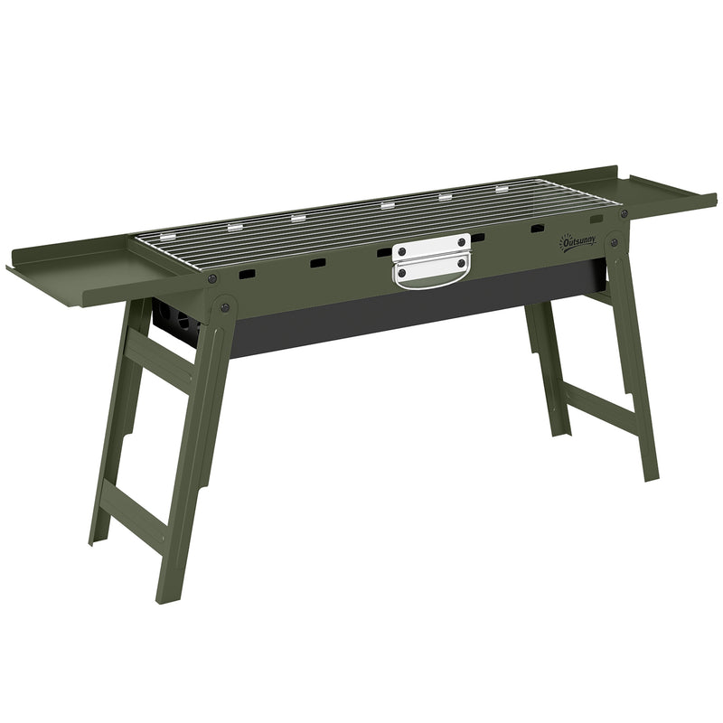 Portable Folding Charcoal Barbecue with Side Shelves for Easy Outdoor Grilling Green Outsunny