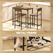 Bar Table Dining Set For Small Spaces - 3 Piece Set with 2 Stools - Industrial Style - Black & Brown Homcom