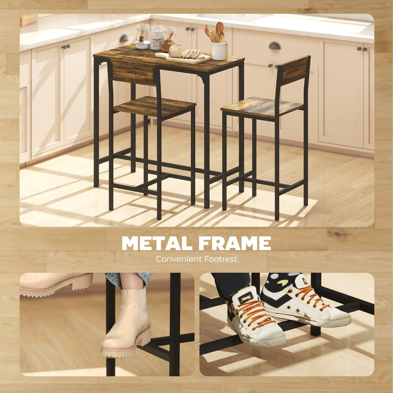 Bar Table Dining Set For Small Spaces - 3 Piece Set with 2 Stools - Industrial Style - Black & Brown Homcom