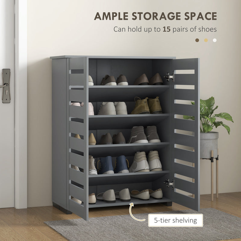 Slim Shoe Cabinet with Slatted Doors, Adjustable Shelves for Hallway, Dark Grey