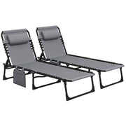 Set of 2 Grey Folding Sun Loungers with Adjustable Backrest for Garden Beach or Patio