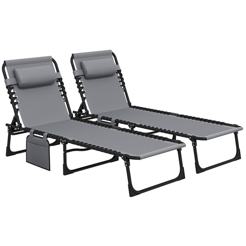 Set of 2 Grey Folding Sun Loungers with Adjustable Backrest for Garden Beach or Patio