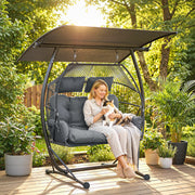 Double Hanging Egg Chair with Canopy & Cushions for Outdoor Relaxation - Patio or Garden Use - Grey
