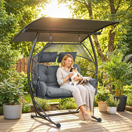 Double Hanging Egg Chair with Canopy & Cushions for Outdoor Relaxation - Patio or Garden Use - Grey