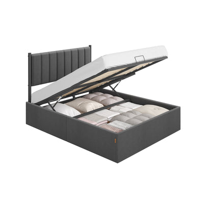 Double Ottoman Bed Frame With Lift Up Storage - Grey Linen Upholstered Headboard - Easy Assembly