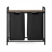 Double laundry basket with wooden top and metal frame