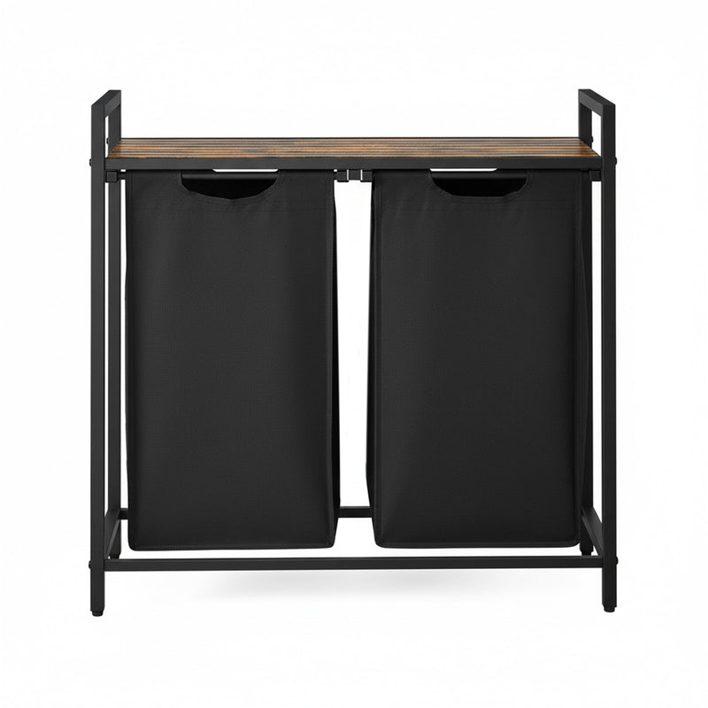 Double laundry basket with wooden top and metal frame