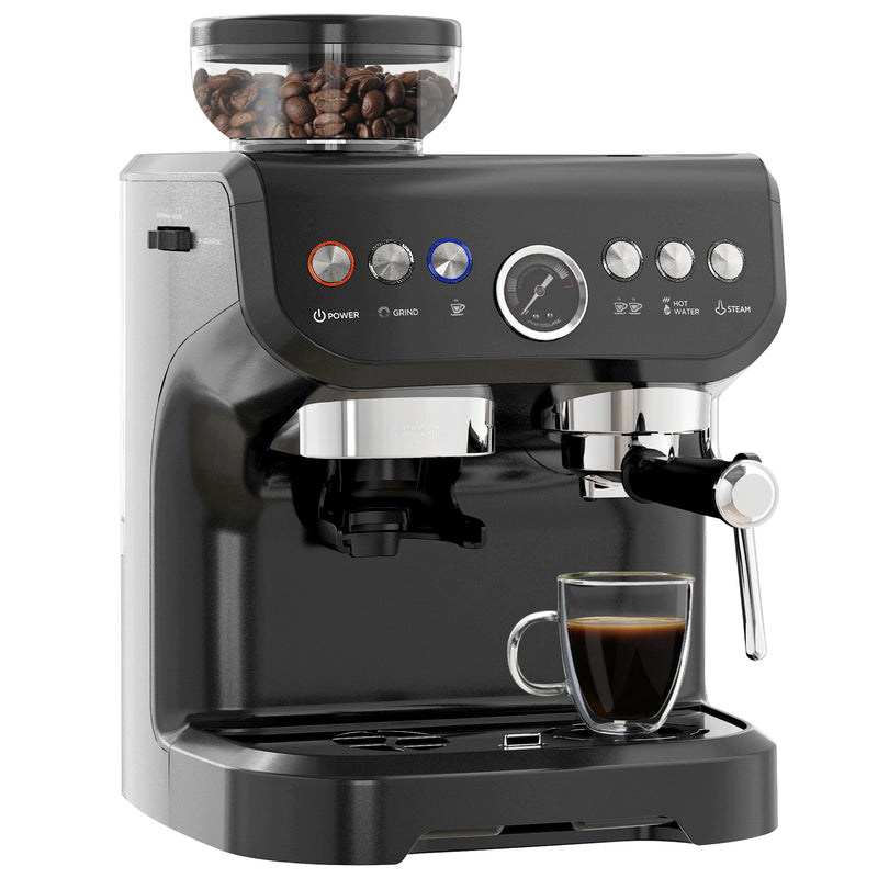 15 Bar Espresso Coffee Machine with Adjustable Grind and Milk Steamer for Home Use Black