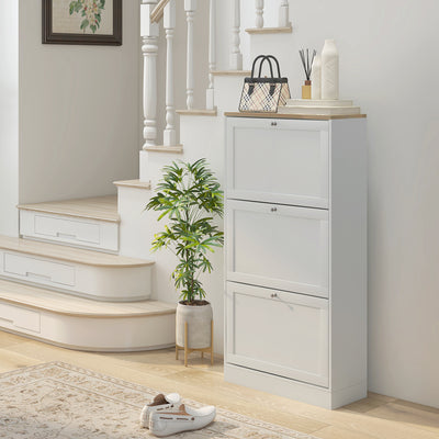 Modern Three Drawer Shoe Storage Cabinet With Slim Space Saving Design, White