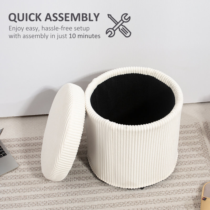 Beige 40cm Round Corduroy Storage Ottoman with Removable Lid and Legs for Living Room or Bedroom by HOMCOM