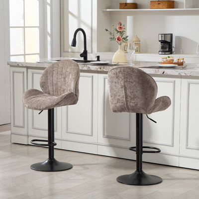 Adjustable Chenille Bar Stools with Curved Backrest for Kitchen Island or Breakfast Bar Brown AOSOM