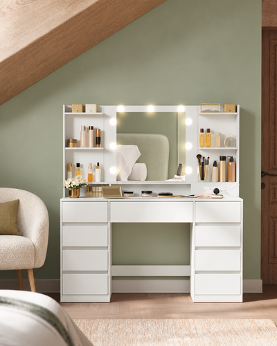 Cloud White dressing table styled in a bedroom under a sloped ceiling