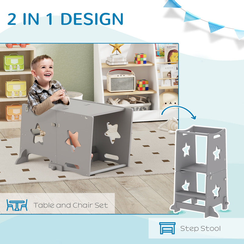Adjustable Kids Step Stool With Safety Bar Converts to Table and Chair Grey