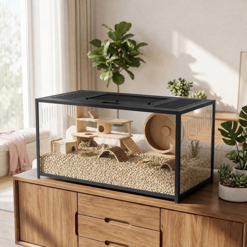 Hamster Cage with Deep Base for Natural Digging and Easy Cleaning Black Transparent