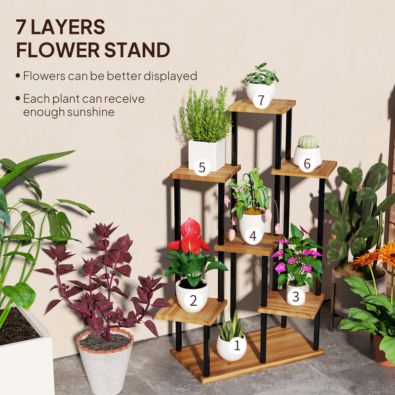 7 Tier Tall Plant Stand for Indoor and Outdoor Use Carbonised Wood and Steel by Outsunny