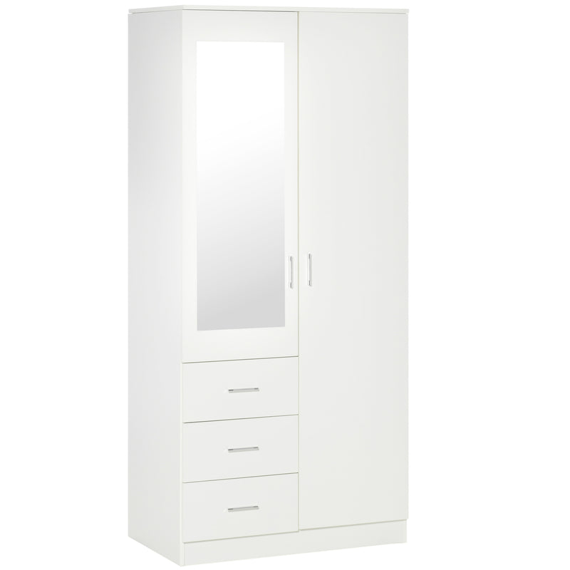 White 2 Door Mirror Wardrobe With Hanging Rail Adjustable Shelf And 3 Drawers 180cm