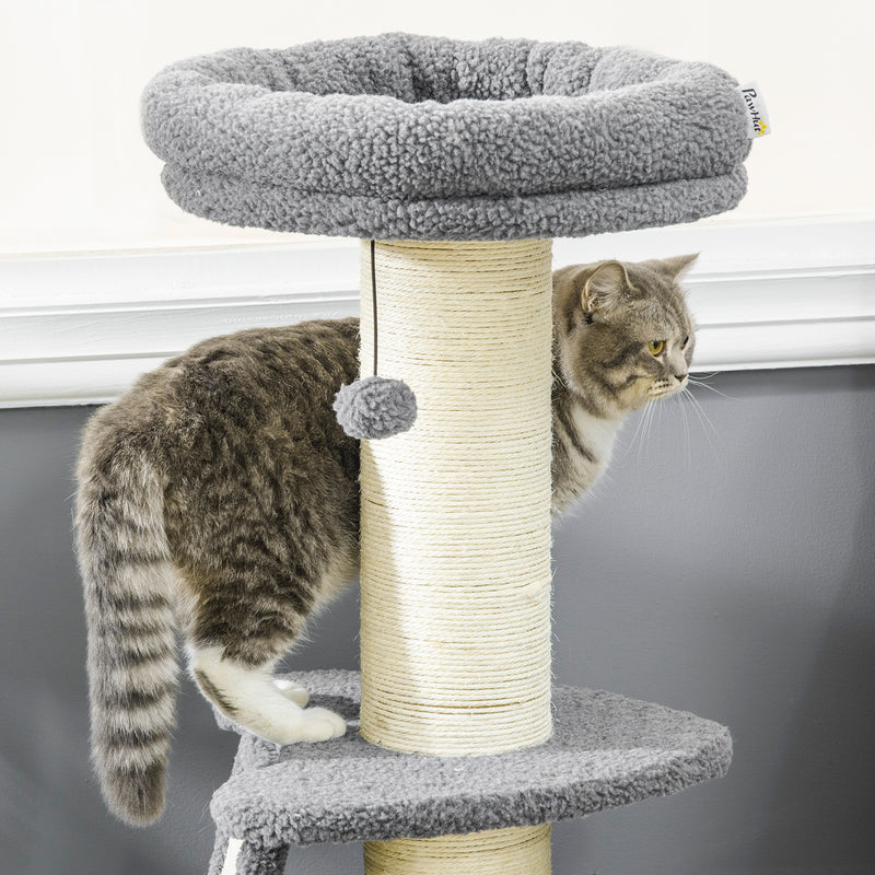 Cat Tree Tower with Scratching Posts Bed and Hanging Toy for Indoor Cats, Dark Grey