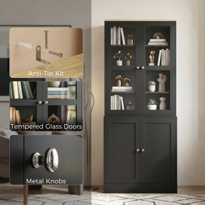 Tall Display Cabinet with Glass Doors and Hidden Storage for Organised Living or Dining Room Black