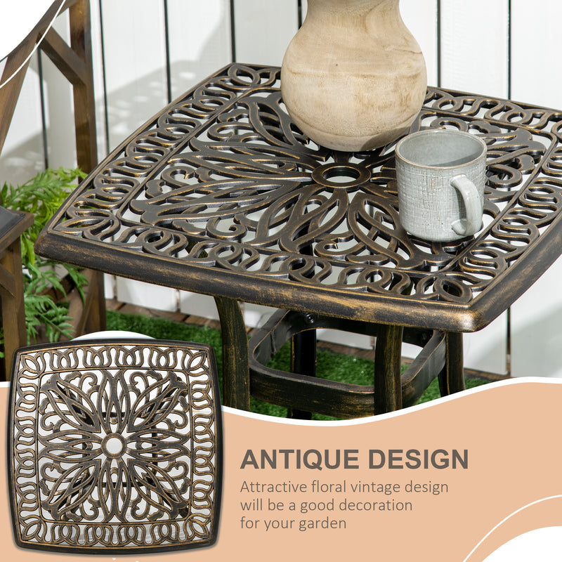 Bronze Cast Aluminium Square Garden Side Table With Umbrella Hole For Patio Or Balcony Use